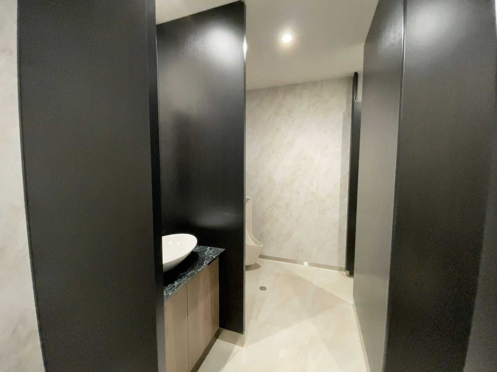 男性用トイレ全体の様子（個室2室、小2つ）