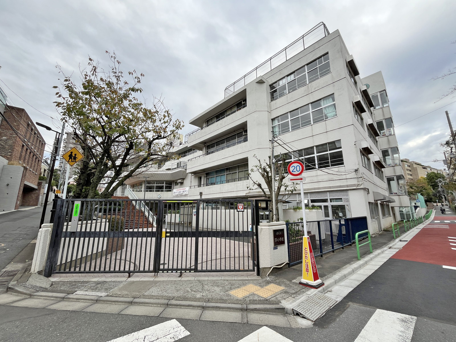 斜め向かいの港区立笄小学校