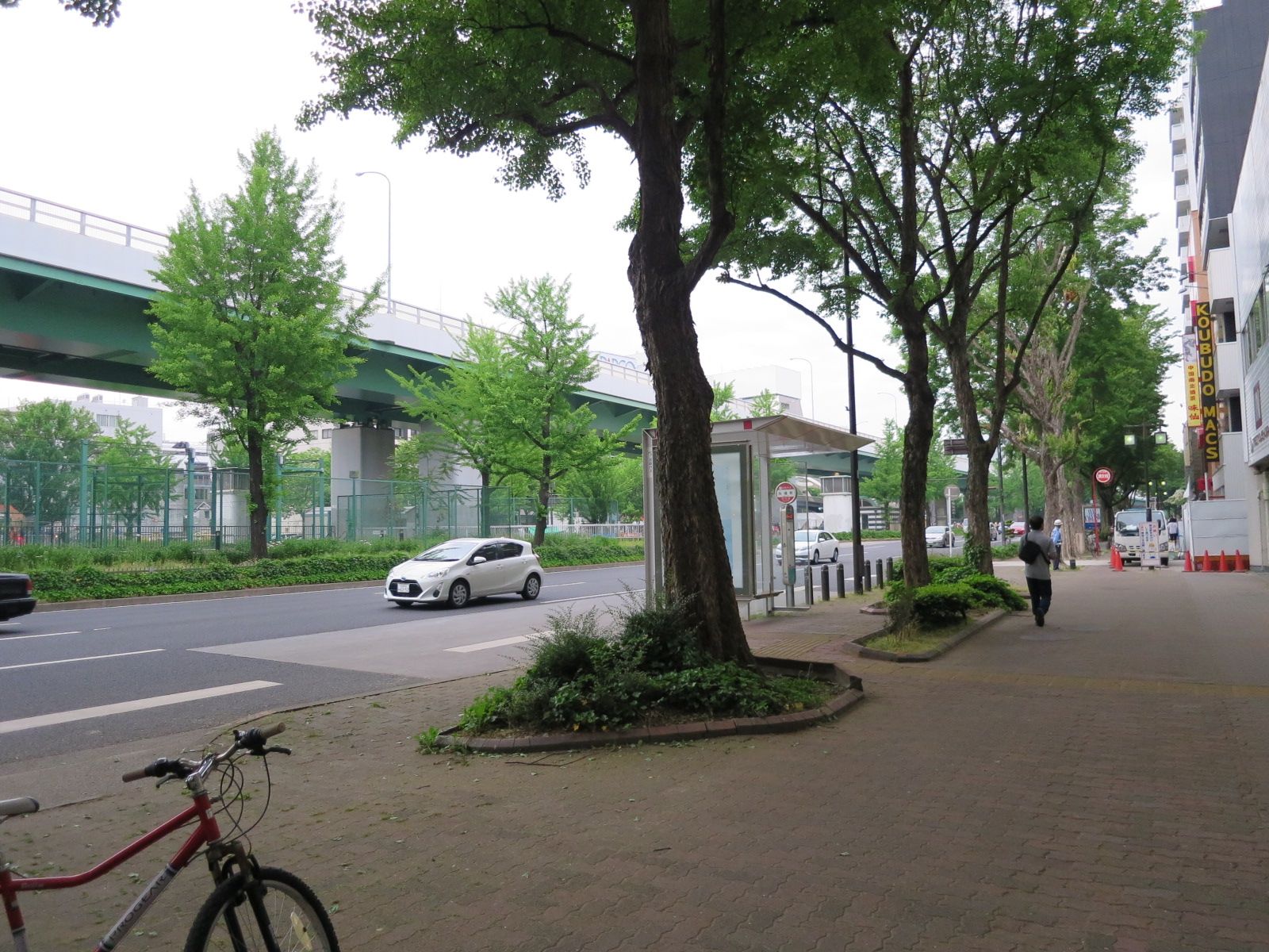 広々とした沿道とバス停