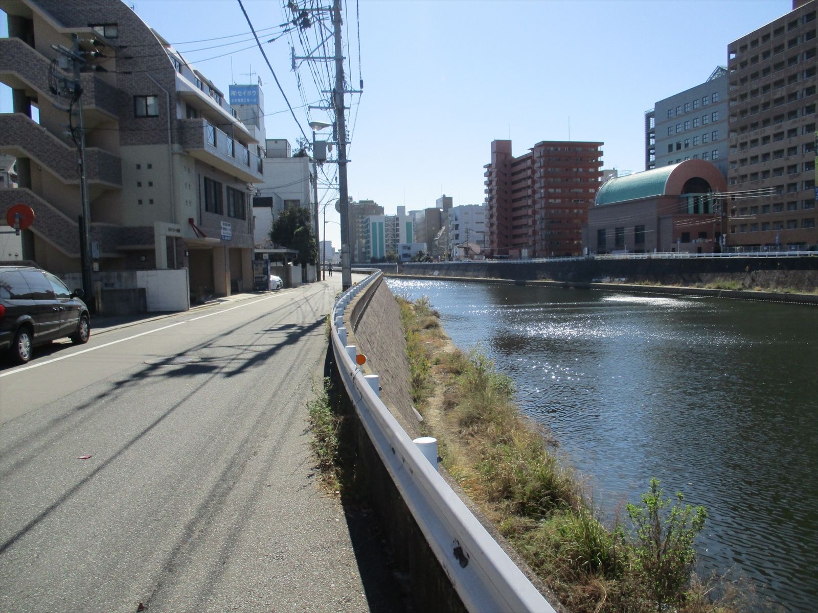 事務所裏の川沿いの通り