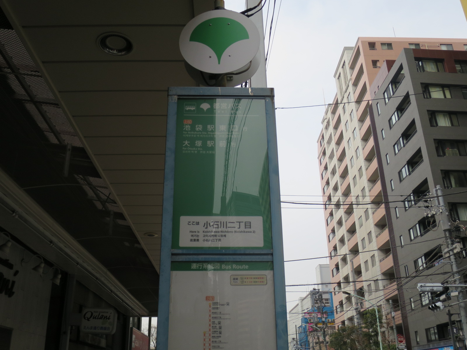 ビル斜め前のバス停「小石川二丁目」